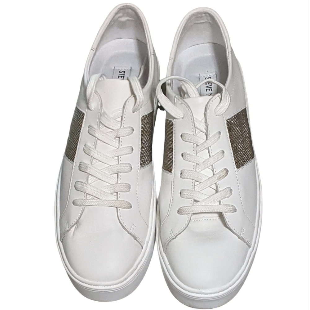 Steve Madden leather swept casual fashion sneakers white metallic accent…